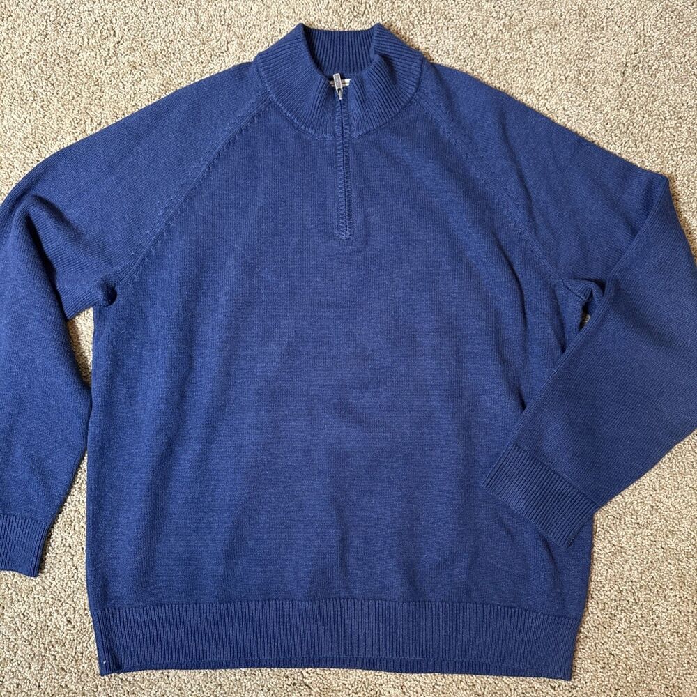 L.L. Bean Mens Quarter 1/4 Zip Sweater Sz XL Navy Blue Cotton Cashmere Blend EUC